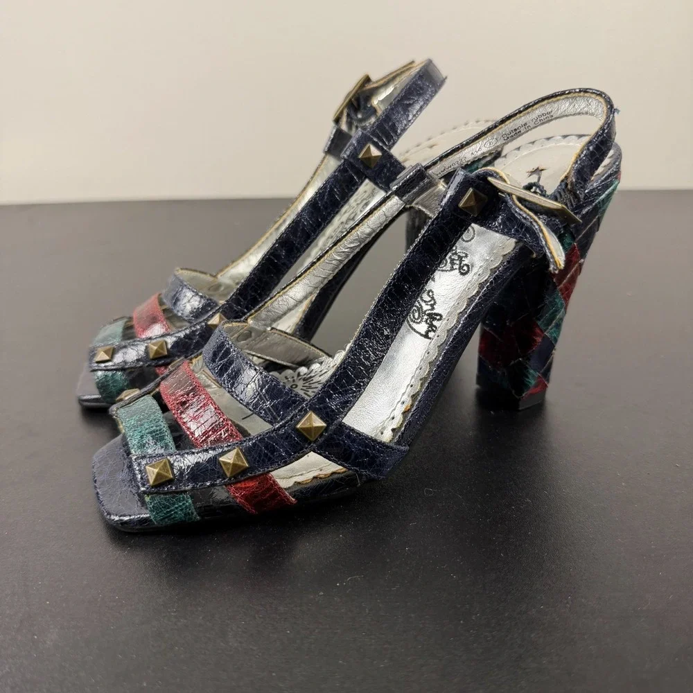 Naughty Monkey Slingback Block Heels Women's 6 Blue Leather Studded Straps Y2K